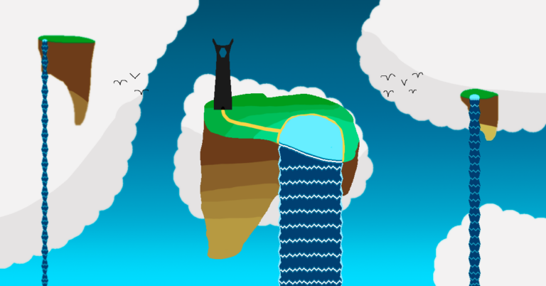 A landscape with floating islands in the sky with waterfalls and a tower on the middle island.