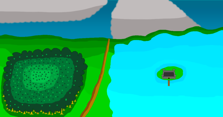 A landscape with a forest and a lake with an island that has a castle on it.