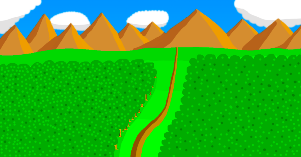 A landscape with forests, mountains, and a road.