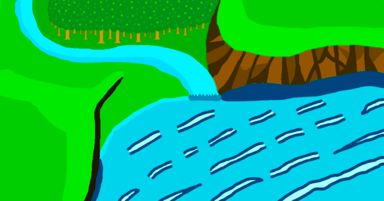 A landscape with an ocean, forest, river, and cliffs.
