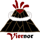 Viernor's logo which is an erupting volcano with clouds swirling around it.