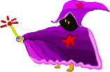 A sorcerer with a black face and yellow eyes attired in purple garments. A red star is imprinted on the front of his garment and on his hat. He's also holding a staff that's sparkling.