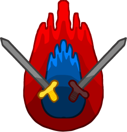 Two swords, one with a yellow hilt and the other a dark red, jutting out in different directions in front of a blue flame and a larger red flame behind the blue flame.