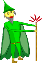 A wizard with gray hair and beard garbed in green clothes holding a staff that's emitting red sparks.