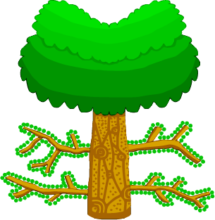 A tree with decorative bark and four branches splitting into smaller branches with round-shaped leaves growing out of them. Trees are an invaluable part of creating a fantasy world.
