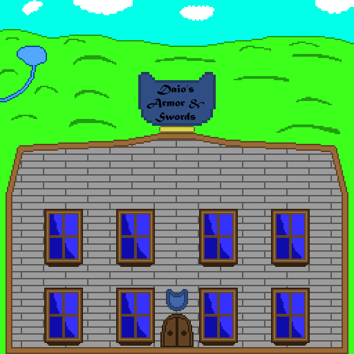 Armor shops are in all fantasy cities. This one has dark gray walls, a brown trim and a blue shield above the brown door and atop the shop. The shield above the door is just decorative but the one atop the shop says Daio's Armor & Swords. Behind the shop is grassland and some hills and a lake. Above them is a blue sky with some white clouds.