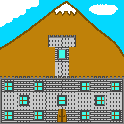 This is a barracks. It has grey stone walls, a brown door, blue windows and a watchtower in the middle. It's in front of a mountain and blue sky and white clouds. Barracks appear in many fantasy cities.