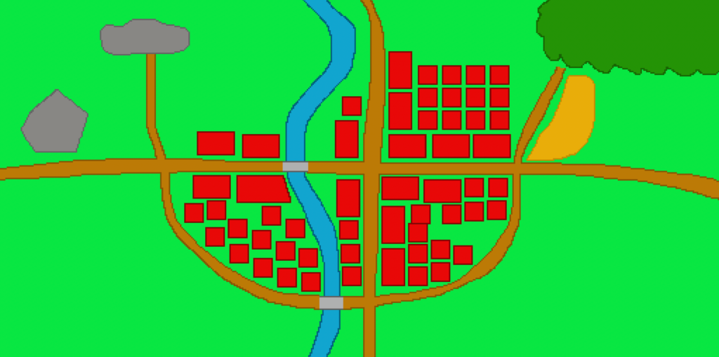 A work in progress of a fantasy city map. The green background represents grass, the brown roads run left and right, up and down, and in a half-circle. The river is meandering up and down in the middle of the image, represented by blue. The forest is in the upper right corner. The red rectangles and squares in the middle of the image represent buildings. There's a brown shape below the forest hand there's also a gray shape to the upper left and central left.