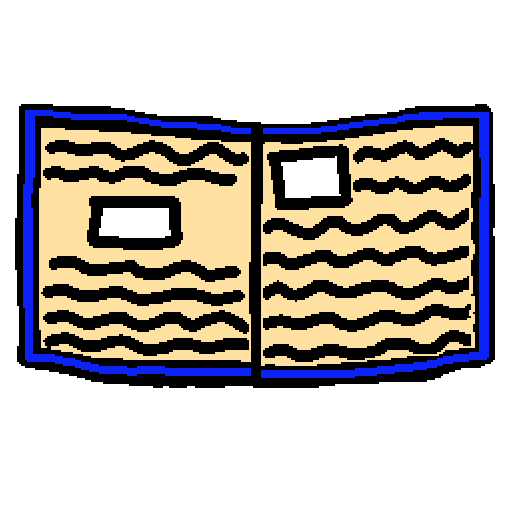 A blue-covered book with light brown pages. It has black scribbles that represents text and a couple blank pictures. Books are considered part of the world's lore.