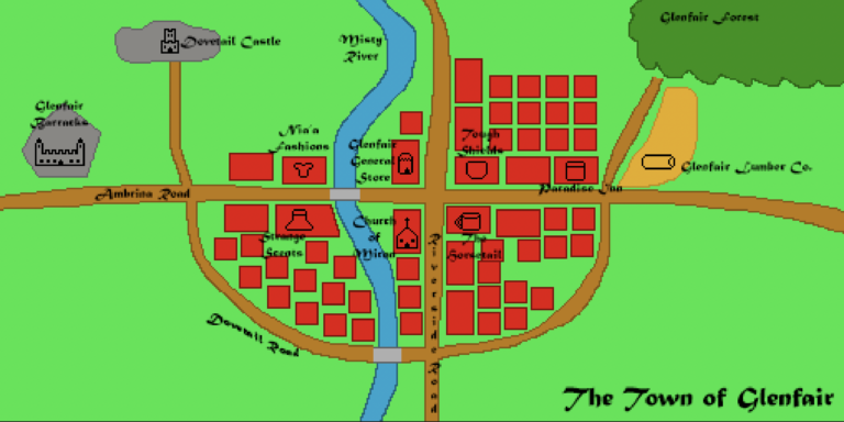A work in progress of a fantasy city map. The green background represents grass, the brown roads run left and right, up and down, and in a half-circle. The river is meandering up and down in the middle of the image, represented by blue. The forest is in the upper right corner. The red rectangles and squares in the middle of the image represent buildings, some have icons atop them. The brown shape below the forest has an icon as does the gray shape to the upper left and central left. The icons have names next to them.