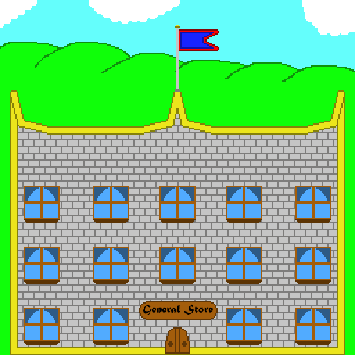 General stores appear in fantasy cities. This one has gray stone walls, a yellow trim, blue windows and a blue-red flag atop it. The brown sign over the brown door simply reads General Store. Behind the store are hills and a blue sky with white clouds.