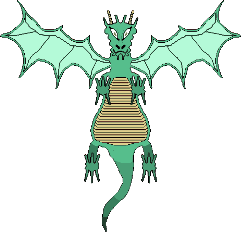 One of the most powerful evil fantasy races, this dragon has green skin and yellow horns. His green wings are elongated and his claws are reaching out, as if to grab you. His underbelly is a medium-colored yellow. His green tail is wagging at the bottom. He appears in a castle dungeon as the boss.