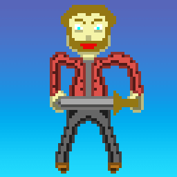 One of several fantasy characters, the hero has yellow skin and brown hair and mustache. He's wearing a red jacket over his gray shirt. He has gray pants and brown shoes. He's holding a sword with a brown hilt with his left hand. The background is a blue gradient going from light at the bottom to dark at the top.