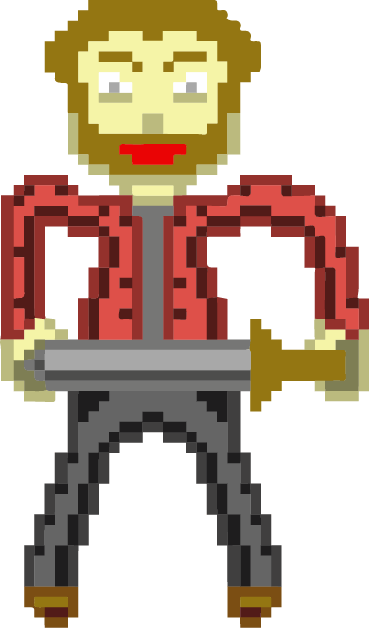A hero character with yellow skin and brown hair and mustache. He's wearing a red jacket over his gray shirt. He has gray pants and brown shoes. He's holding a sword with a brown hilt with his left hand. He's one of several types of fantasy characters.