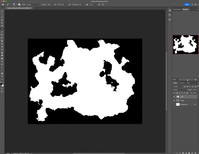 To make a fantasy map, in Photoshop, paint the white and black colors to make land and water, respectively.