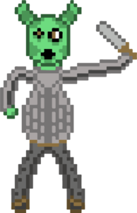One of several evil fantasy races, this green-skinned orc has green horns, yellow eyes, and a black mouth. He's holding his sword in his left hand. He's wearing gray armor and has dark pants on. His shoes are brown.