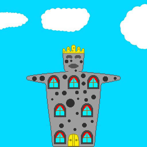 A building modeled after the deity people worship. Its walls are gray with dark gray spots all over. The windows are blue with red drapes. The top of the building is a face with dark gray eyes and a mouth. Sitting on it is a golden crown. The building is in front of a blue sky background with three clouds floating by. Places of worship are in many fantasy cities.