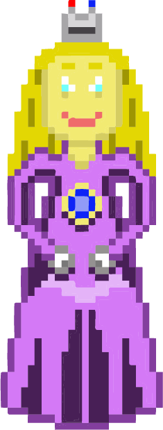 A princess character. Her yellow skin and long blond hair contrasts from the gray crown with red and blue jewels sitting atop her head. She's wearing a light purple dress with a blue gem in the chest. She also has gray gloves. She's one of several types of fantasy characters.