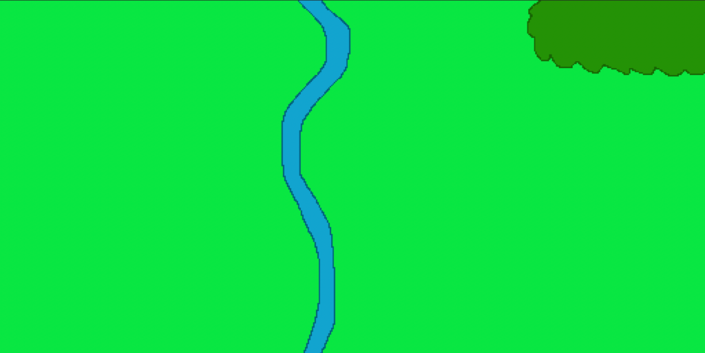 A green image with a river meandering up and down the middle of it. In the upper right is a forest.