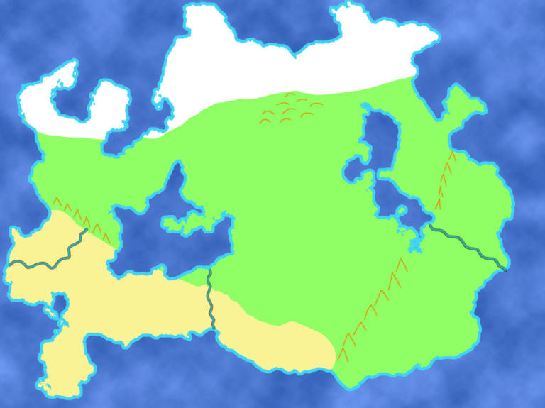 Rivers are marked blue in a colored fantasy map.