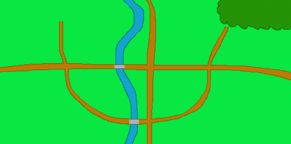 A green picture with a river running right down the middle, a forest in the upper right. Roads runs left and right and up and down the middle. Another road runs in a half circle from the left side to the right, ending at the forest.