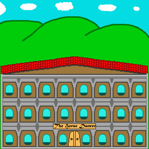 Taverns are another popular building in fantasy cities. Named the Horse Dancer, it has dark brown walls and blue windows. The support beams are grey and the door is brown. It has a red roof. In the background are several hills and white clouds in the blue sky.