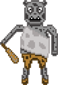 One of several evil fantasy races, this troll has gray skin, little ears and his mouth has two teeth. He's wielding a mace in his right arm and he's wearing a gray outfit that covers his body. He has brown pants and brown shoes.