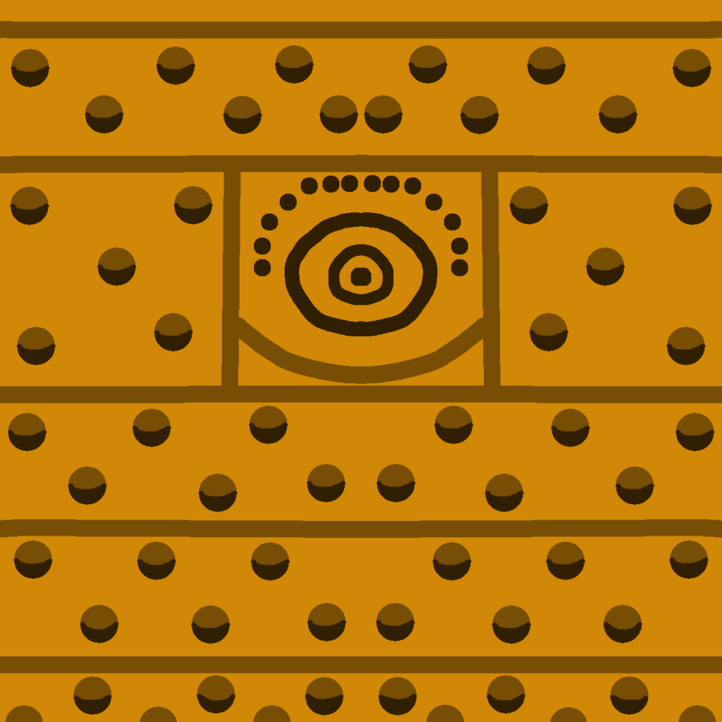 A light brown wall with many brown circles that is darker on the bottom and lighter on the top. Many light brown lines run left and right. However, in the middle, two lines run up and down and another arches. In the middle of the wall is a black eye icon with many circles above it. Symbolism is an integral part of lore.