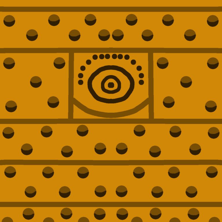 A light brown wall with many brown circles that is darker on the bottom and lighter on the top. Many light brown lines run left and right. However, in the middle, two lines run up and down and another arches. In the middle of the wall is a black eye icon with many circles above it. Symbolism is an integral part of lore.
