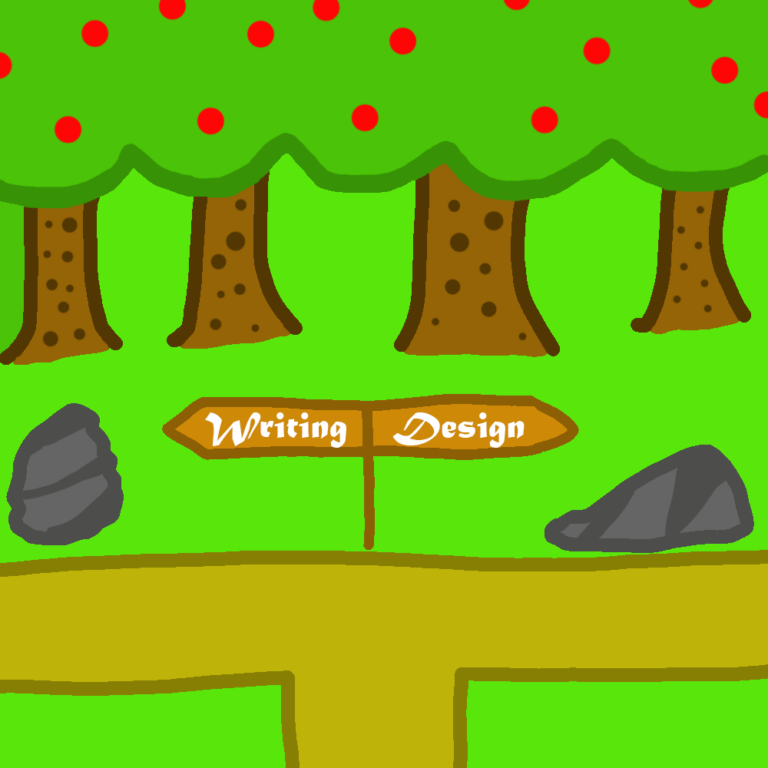 A forest-like background with a signpost with the words writing and design pointing in opposite directions, showing the roads to creating unique fantasy races. The trees in the back have red fruit and a couple rocks appear on each side of the signpost. A gold road diverges, each going in the direction pointed in the signpost.