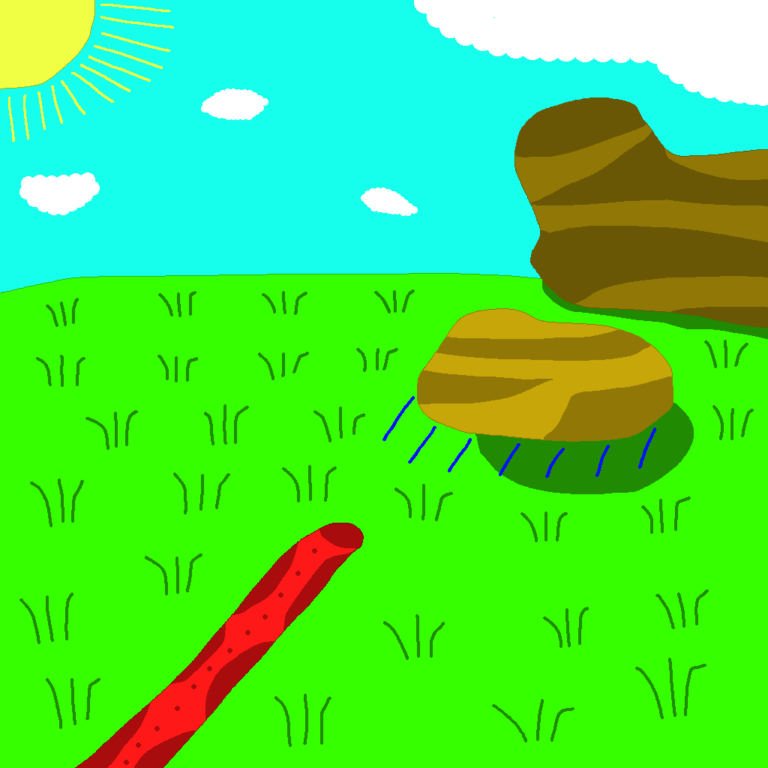 A red magic wand is moving a brown rock midair over a field of grass. The rock is floating, indicated by the blue lines behind it. The rock is moving towards a large rock. The sky is blue with several clouds and the sun is in the upper left corner. Blades of grass are visible in the lower half of the screen. This showcases what's called assistive magic, a kind of fantasy magic.