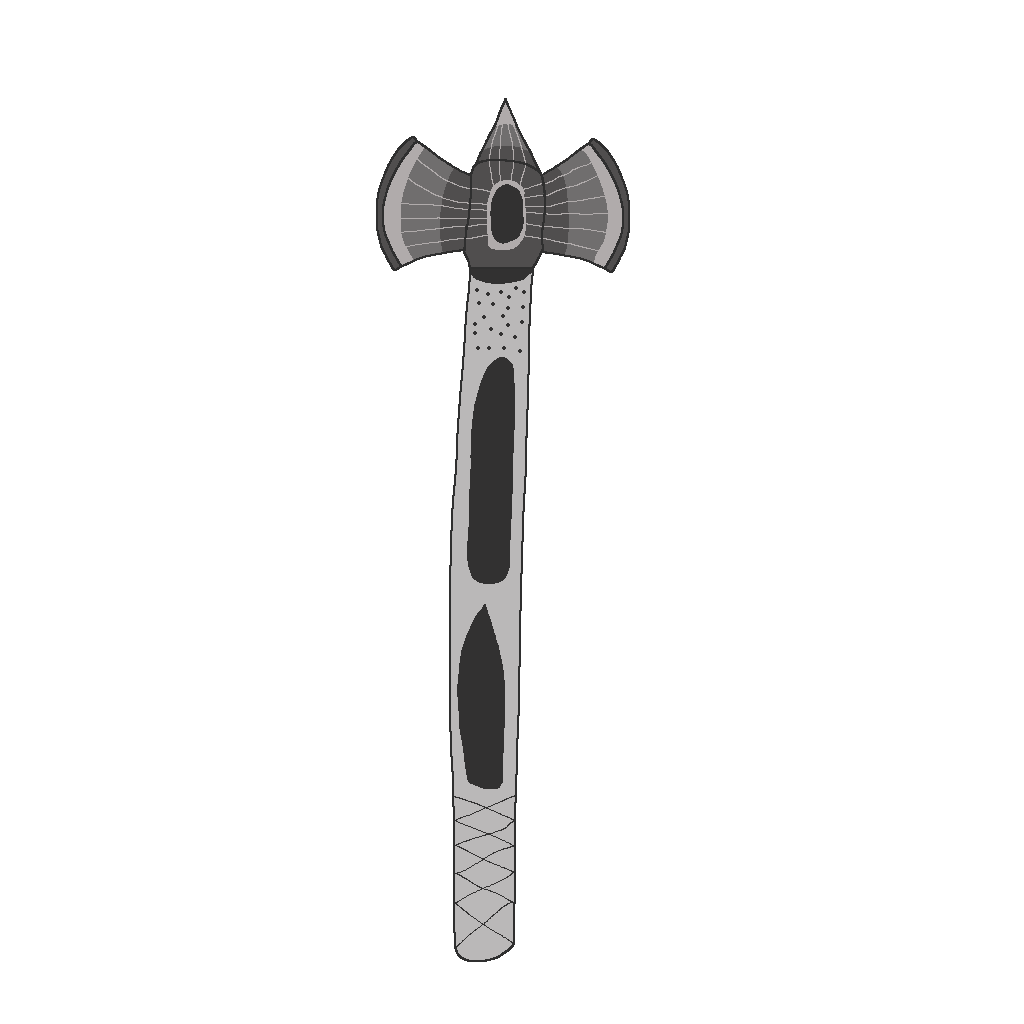This is a battle-ax, one of several fantasy axes. It has a gray metal handle with a series of crisscrossed xs on the bottom and several dark spots going up to the blade. The blade is split in three parts. Both the left and right parts are identical, with a range of gray colors going from dark to light the further it goes out from the center. The top part of the blade is the tip and it contains the same colors as the other two parts. In the center is a large dark gray circle with a light gray circle around it. A series of gray lines are shooting out from the center, going through the other three parts.