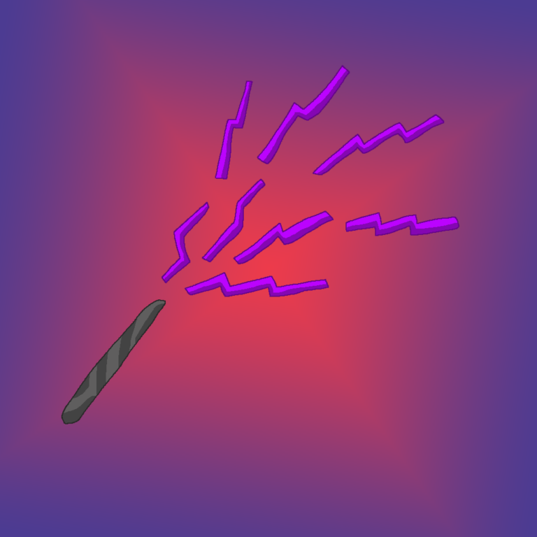 A black wand is sending out purple lightning bolts. In the background is a large red faded diamond-like object surrounded by purple. This is an instance of black magic, another kind of fantasy magic.