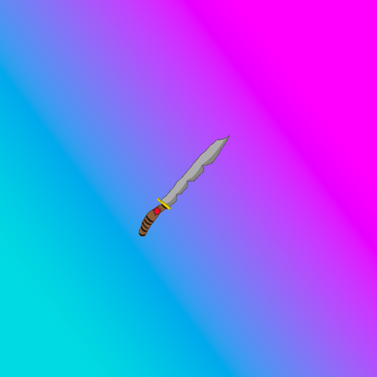 Small and easy to grasp, fantasy daggers are perfect for stealth missions. This one has a metallic blade with several indentions in it and the tip of the blade is curved. Beneath it is its golden hilt and the pommel is brown with a red gem emblazed just beneath the hilt. The background is a blue-purple color gradient with blue on the left and purple on the right.