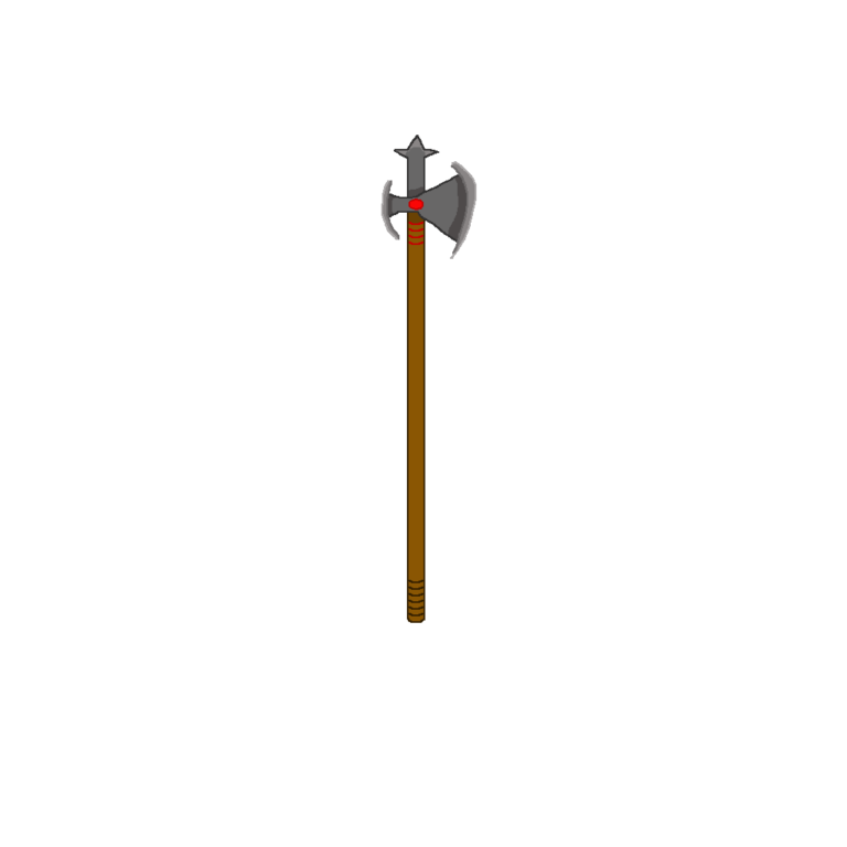 One of several types of spears, this halberd has a wooden shaft with dark brown lines at the bottom and red lines near the blade. The blade itself is dark gray with a light gray edge. The tip, jutting out in three directions, is the same color. In the center of the blade is a red circle.