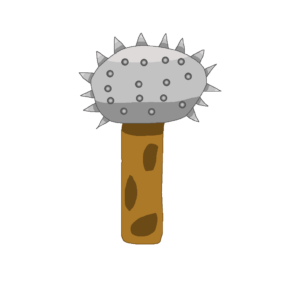A type of fantasy mace, the club has a wooden handle with dark spots. The ball itself is gray and the spikes protruding out of it are gray. The spikes are on the top, sides, and the front.