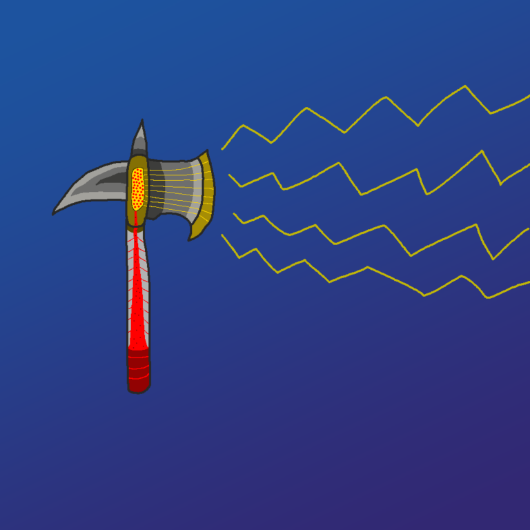 One of many different kinds of fantasy axes, this magic ax has a red handle at the bottom with both light and dark red. Going up the handle, the red color gradually grows smaller but several lines shoot out from both sides. Behind the red is gray. The blade itself is broken into three smaller parts. The largest part, the blade, is gray with a yellow edge with yellow lines shooting out from the center. The left part of the blade is jagged and has three gray colors, going from light to dark. The top part of the blade is the sharp tip and it features the same gray colors as the left part of the blade. In the center is a large yellow gem with red spots. The ax is shooting out yellow lightning bolts. In the background is a blue gradient with the lighter colors on the top and the darker on the bottom.