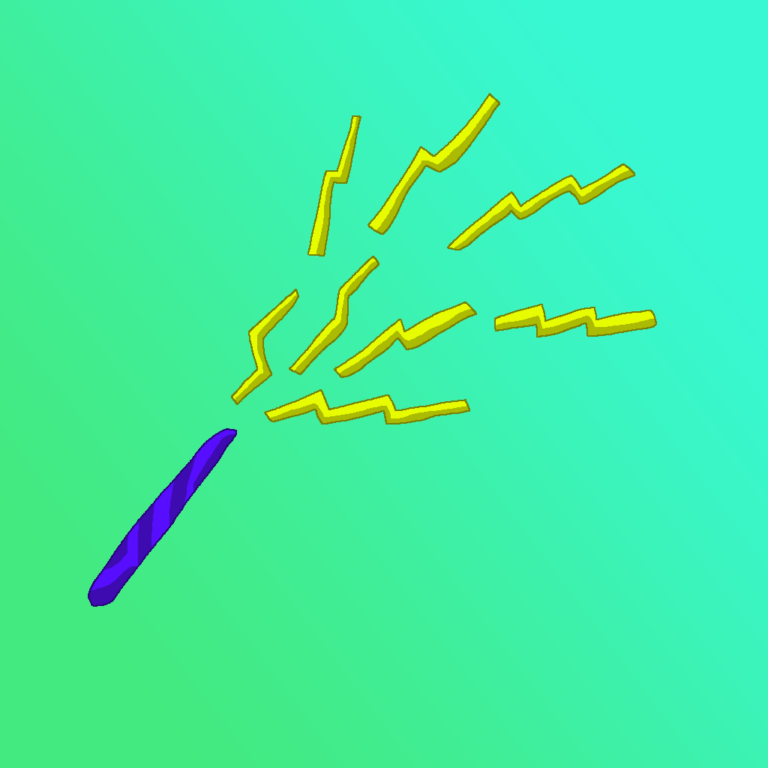 This is a magic rod, capable of using fantasy magic. The blue rod has a small shaft with dark spots here and there. It's shooting out eight lightning bolts. In the background is a green-light blue gradient with the green to the lower left and blue to the upper right.