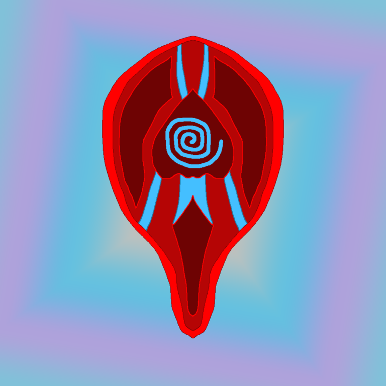 One of three types of fantasy shields, this magic shield is shaped like a red upside-down tear. A blue spiral symbol sits in its center, within an upside-down heart-like figure. Two blue lines run from the top of the heart to the top of the shield and two other blue lines, one in each direction, run diagonally from the heart to the shield's side. There's three dark red parts, one beneath the heart, and one on each side of it. In the background is a blue-purple-yellow gradient pattern. The yellow is just behind the shield while the blue is all around it. Beyond the blue is the purple and then again another blue.