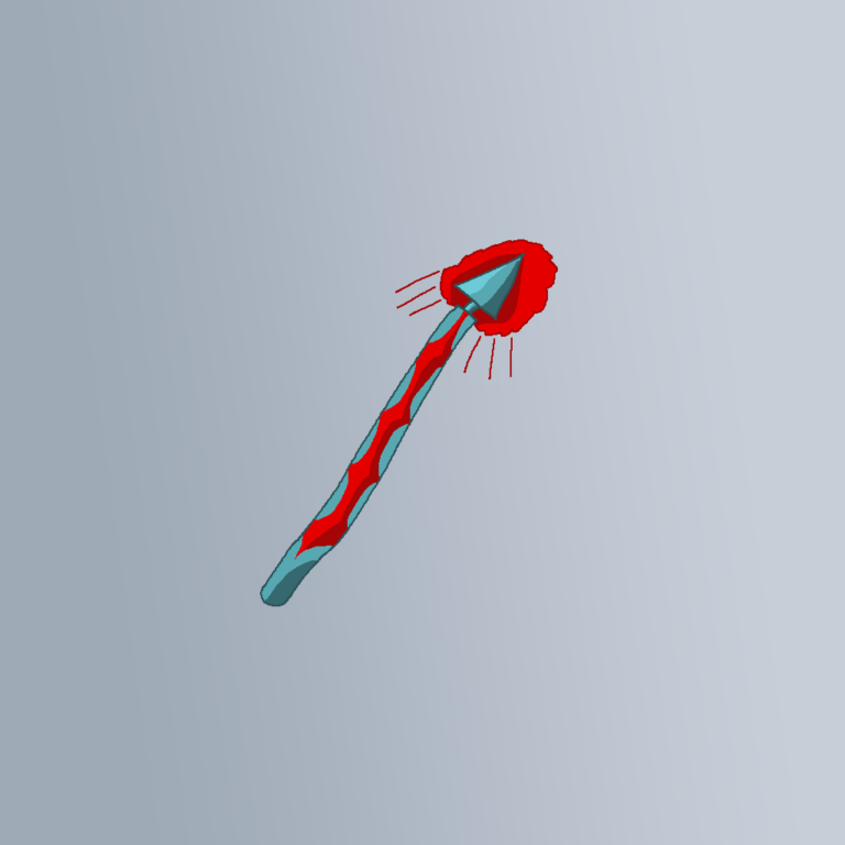 One of several kinds of fantasy spears, this magic spear has a blue shaft with a repeating red pattern. The tip is blue and it's wreathed in a red flame, signifying this spear has the power of fire. The background is a gray gradient with the lighter gray on the right and darker gray on the left.