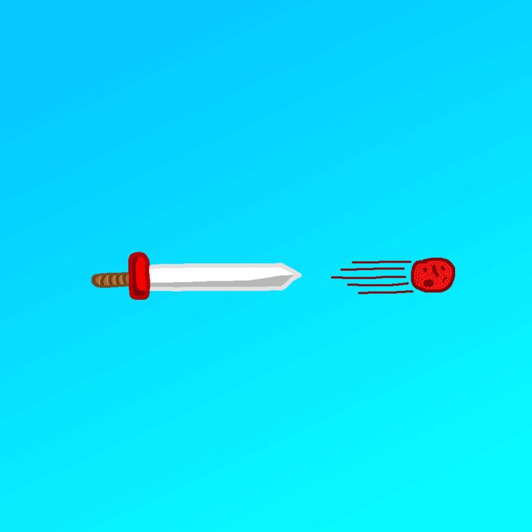 One of several types of fantasy swords, this silver blade has a red hilt and a brown pommel. It's shooting a red fireball that has streaks behind it. The background is a blue gradient with darker colors in the upper left and lighter colors in the lower right. This is helpful for creating fantasy weapons.