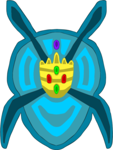 One of three kinds of fantasy shields, this blue metal shield is shaped like a X and a face-like shape between the lines. The lines converge in a crown like shape adorned with two red and green jewels. Above the crown is a purple gem. The X lines are dark blue and the outer part of the shield is medium dark blue. The interior of the shield is light blue, with several patterns on its four faces.