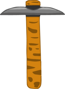 A pickax. This is one of several fantasy axes and it has a wooden handle with dark spots and two metal blades jutting out in opposite directions.