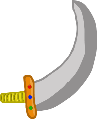 A scimitar, which is a different type of sword. It has a curved blade and an orange hilt with a red, blue, and green gem embedded inside. Its pommel is yellow-golden. This is one of several types of fantasy swords.