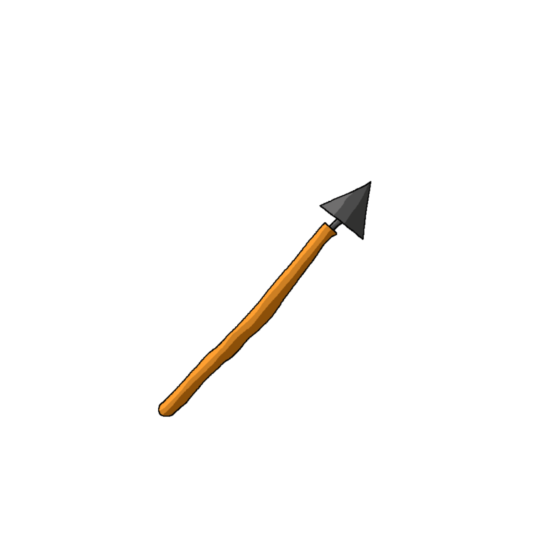 This is a standard spear. It's pointing to the upper right. It has a brown wooden shaft with the darker version on its bottom and the lighter at its top. The tip itself is dark gray with a darker version at its bottom and the lighter version at its top.
