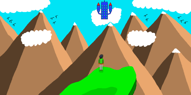 An example of the hero's journey. Here, the hero, a black haired man stands at the edge of a green plateau, looking at the blue castle up in the skies above the mountains. The hero's green jacket is over his red shirt. He has on gray pants and brown shoes. A mountain range runs from left to right with each having snow tips. Several white clouds are visible around the picture. Groups of black birds are in flight. In the upper center of the image is the blue castle, with two towers on each side, connected to the castle by an archway. The two towers have red roofs while the castle has only blue. Blue windows don the castle.