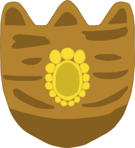 One of three kinds of fantasy shields, this brown wooden shield has three smoothly shaped points at its top and it converges at the bottom. In the shield's center is a sun-like symbol with smaller circles surrounding it.