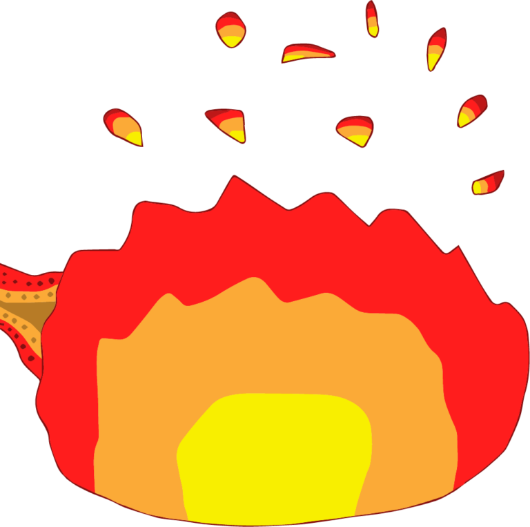 An advanced form of fire magic, flame shields protect the magic user from taking damage. Here, one is being created by a wave of magic to its left. The shield is red, orange, and yellow from top to bottom with the amount each color takes up getting smaller as it gets closer to the center. Above the shield are small flame offshoots, each a different shape, that flew off the shield.