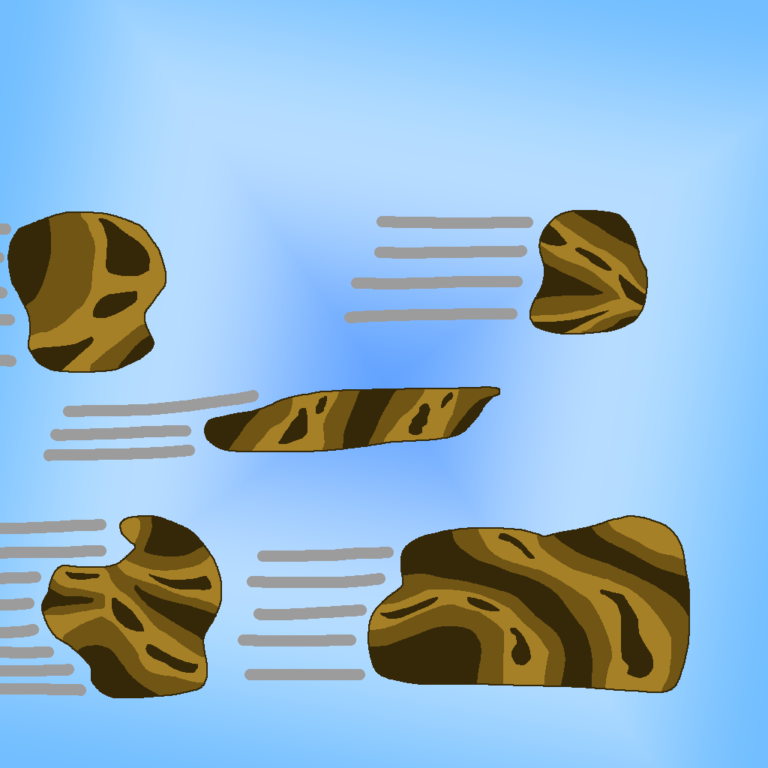 A form of earth magic, flying rocks can knock someone to the ground. Five brown rocks are flying through the air, flying right with gray streaks behind them. Each rock has two varying shades of dark brown, one dark and the other more dark. They have their own distinct shape. In the background is a blue-white gradient with a diamond blue right in the middle of the image. Faint white and more blue surround the diamond, filling out the rest of the image.