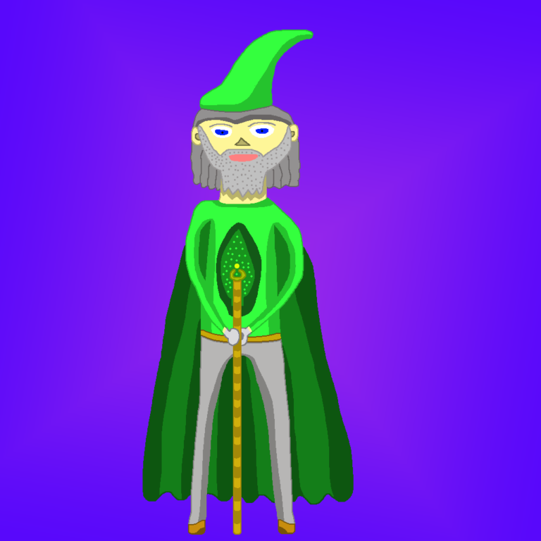 This wizard is a practitioner of forest magic. He has a green hat that tilts to the right. On his face is gray hair, blue eyes, a triangular nose, and an open mouth. His grey beard is lined with spots and his hair runs to just above his shoulders. He has a green cloak on with the symbol of leaf on his body. His brown belt and gray pants contrast with his green clothes. At his bottom are two brown shoes. His arms are holding a wand with an alternating light-dark brown pattern in front of him. Atop the want are two pinchers. Floating above the pinchers is a small yellow orb. In the background is a blue-purple gradient and the latter color is shaped roughly like a diamond, shining behind the wizard. The blue color surrounds the purple color.